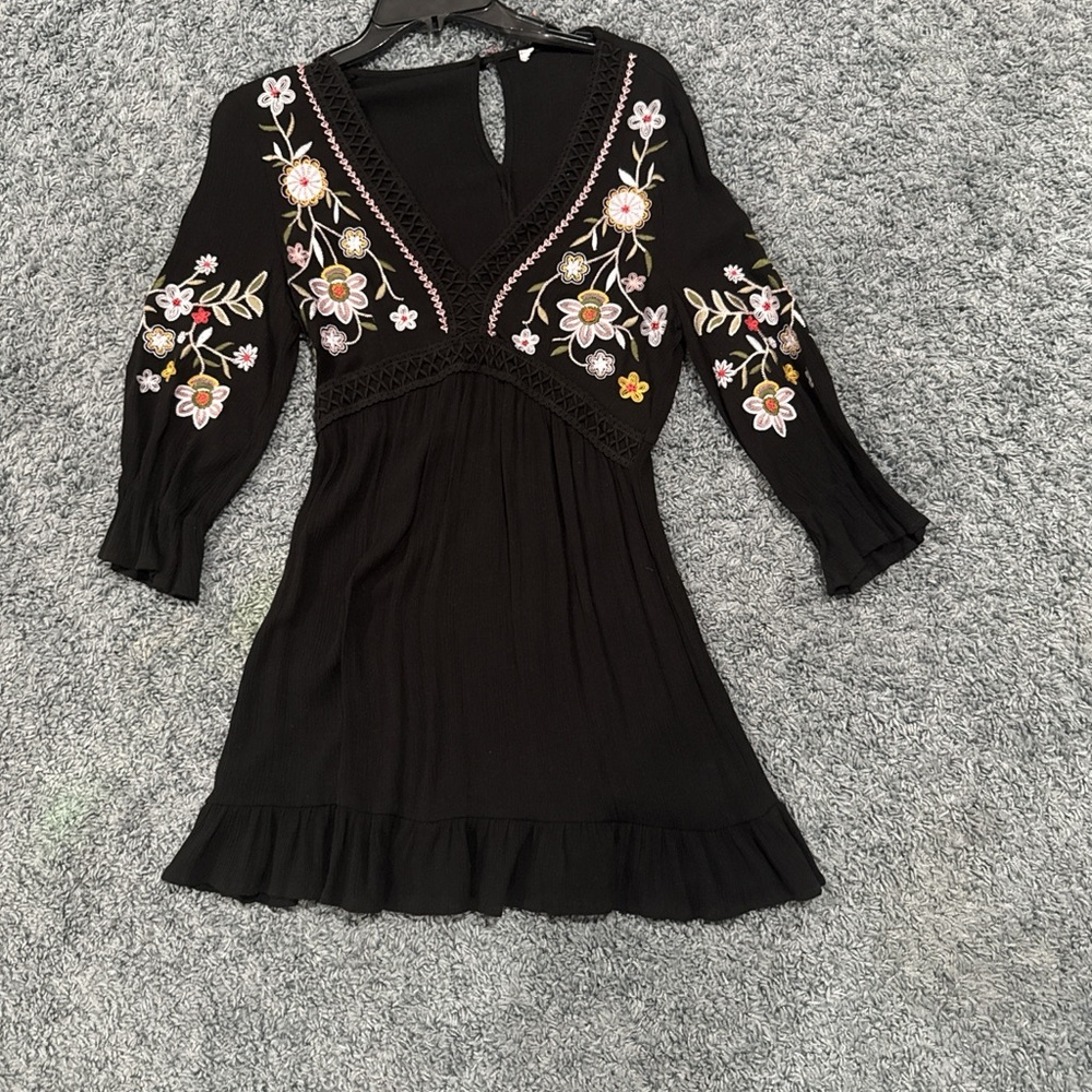 Floral Embroidered Black Mini Dress